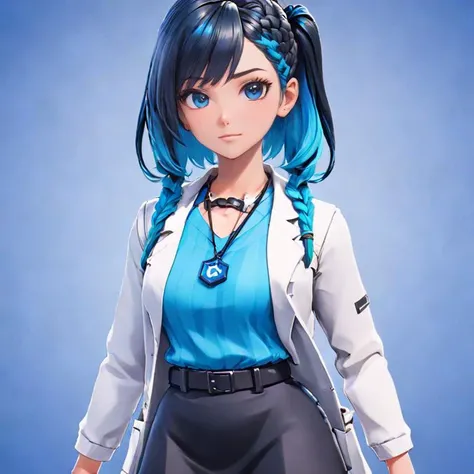 1girl, civitai-chan, braided bangs, multicolored hair, black hair, blue hair, labcoat, shirt, shirt tucked in, single vertical stripe, black skirt, pencil skirt, pantyhose, necklace, belt, In the style of fortnite, (blue background:1.1), simple background,...