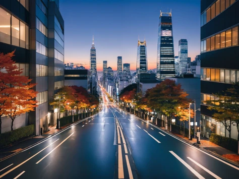 high quality, city, (glass buildings:0.7), sky, (from above:0.3), (narrow:0.4) road, multi-level road, leaves, after sunset,( autumn:0.5), (japan:0.1), skyscrapers in the background,