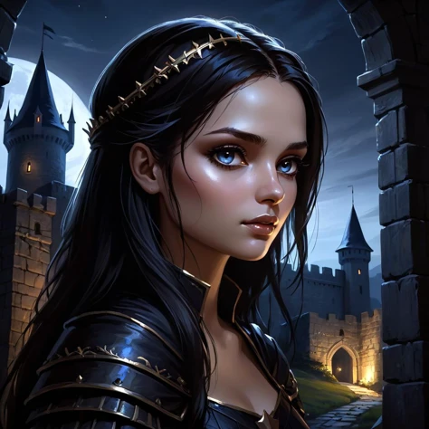 fantasy landscape,  castle, night,
dark theme, detailed face, realistic skin texture,
low key, rim lighting, high contrast, deep shadows, dimly lighted,
eye contact, 
portrait,
looked at camera,
by greg rutkowski,
epic, masterpiece, trending on ArtStation,