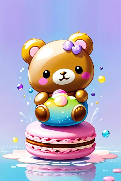 rilakkuma  in a macaron color palette, cute cartoon style, full body. the background consists of a delicate arrangement of colors including pink, light blue, cream, and lavender, with a gentle hue. features water splashes that are rendered into glowing tra...