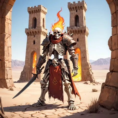 a skeleton wearing rusty armor standing by a stone tower in a parched desert, holding a flaming sword