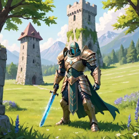 a mutant wearing ancient armor standing by a stone tower in a lush meadow, holding a magic sword