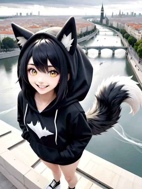 <lora:emo_xl:0.85> emo, scene girl, 1girl, in a european city, excited, smile, black hair, wearing black hoodie, converse, wolf ears, wolf tail, wolf girl, animal ears, tail, overcast, cloudy sky, river, city panorama,