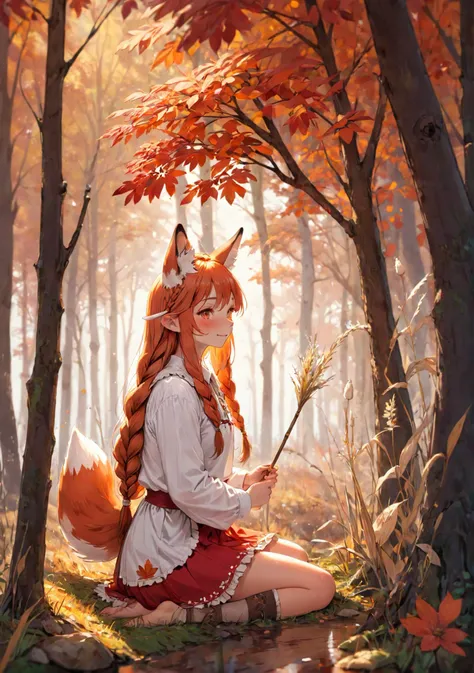 side view, (1girl, happy, sitting in the autumn forest sorrounded by reeds, holding a stick, long braided hair, fox ears, fluffy fox tail, traditional eastern european clothes, white shirt, red skirt with flower pattern, fluffy ears:1,2), monster girl, ama...