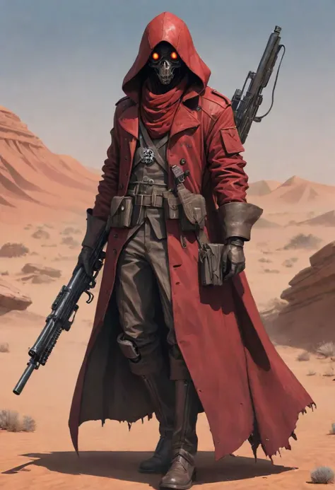 (((Ultra detailed, Megapixel))) (masterpiece, best quality, highres, intricate details),An immense red desert with remains of destroy ancient war machines, a close up of a person with a weapon, red hooded trench coat, steampunk setting, tattered cloth robe...