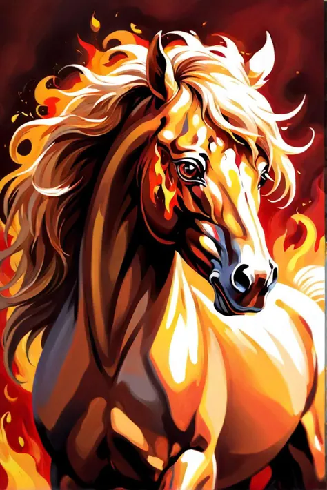 painting of a horse with a red background and flames in the background, fire and flames mane, equine, horse head animal merge, horse, windy mane, acrylic painting on oiled canvas, wreathed in flame, majestic , digital expressive oil painting, firey, styliz...