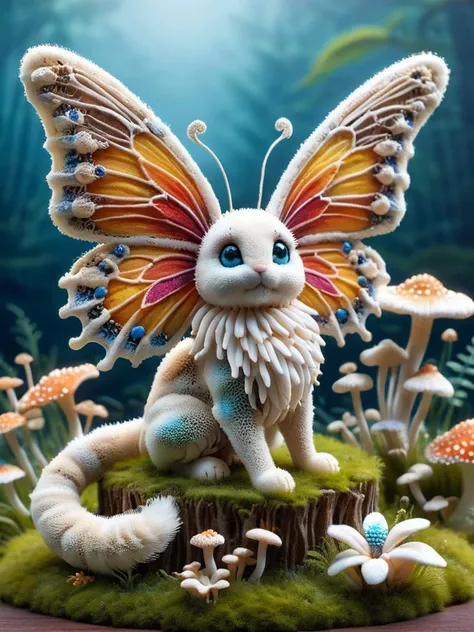 celestial, Endearing, miniature bunyips, with downy wings and prancing steps, with a butterfly in the foreground made of ral-mycelium, intricate details, colorful, magical, realism, hyperrealistic, <lora:ral-mycelium:0.9>