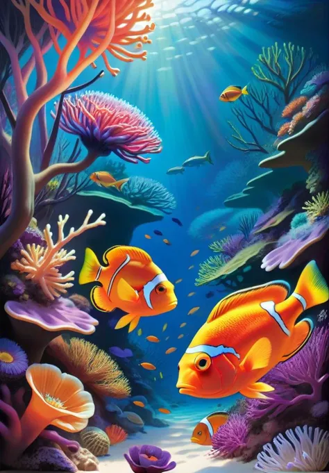 hyperrealistic,    A vibrant coral reef teeming with life, where fish of every color swim through the branches of glowing anemones.