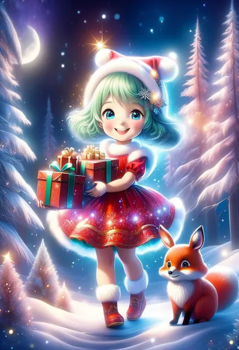 AuroraStyle, cute girl wearing red Christmas dress is holding Christmas present, big smile, surrounded by small woodland animals,
(snowy forest, moonlight, Christmas trees), (sparkles, sparkling clothes, sparkling eyes),