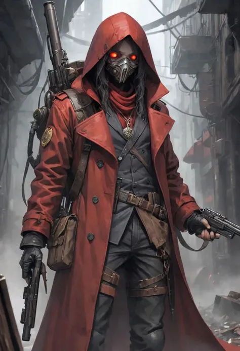 (((Ultra detailed, Megapixel))) (masterpiece, best quality, highres, intricate details),a close up of a person with a weapon, red hooded trench coat, steampunk setting, tattered cloth robes, double barrel shotgun, grimdark, anthropomorphic _ humanoid, leat...