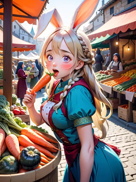 side view, 1girl, bunny ears, long braided hair, medium breasts, mouth open, (looking at viewer, circle eyes:1.6), absentminded, eating a large carrot in mouth, wearing traditional clothes, (behind a market stall, assortment of vegetables behind her:1.2), ...