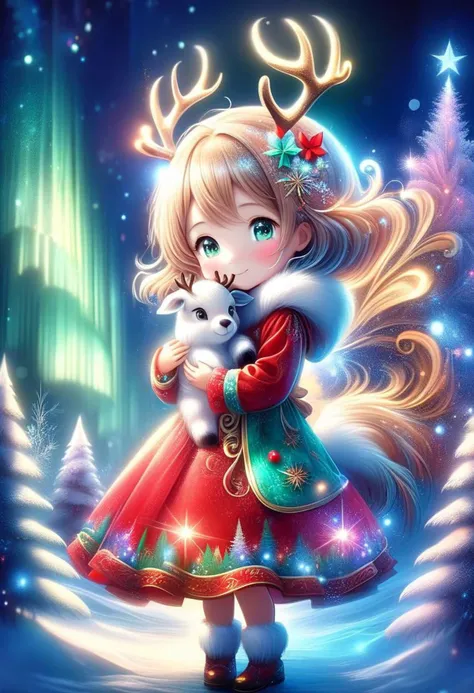 AuroraStyle, cute girl wearing red Christmas dress is hugging happy reindeer,
(snowy forest, moonlight, Christmas trees), (sparkles, sparkling clothes, sparkling eyes),