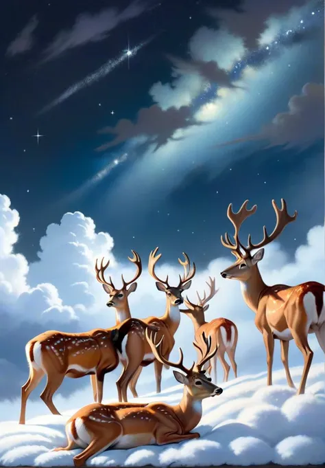 hyperrealistic, A herd of deer grazing peacefully on a bed of fluffy clouds, their antlers reaching towards the starlit sky.