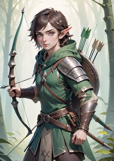 Half-elf ranger with bow and arrows hunting  
detailed, aiming , closeup
by Gabriel Pacheco