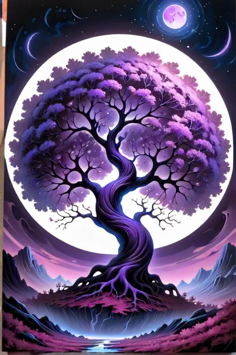 a painting of a tree with purple leaves and a purple moon, dan mumford and peter mohrbacher, beautiful comic art, dmt fractal patterns, cosmos backdrop, alejandro burdisio art, jacek yerka and vladimir kush, purple tinted, whorl, card art, anime nature wal...