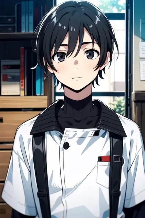 masterpiece, best quality, game cg, 1boy, solo, male focus, looking at viewer, upper body, , , , <lora:mio_chibana:0.68>, mio_chibana, black hair, black eyes, low ponytail, , , science fiction alternate history, HD