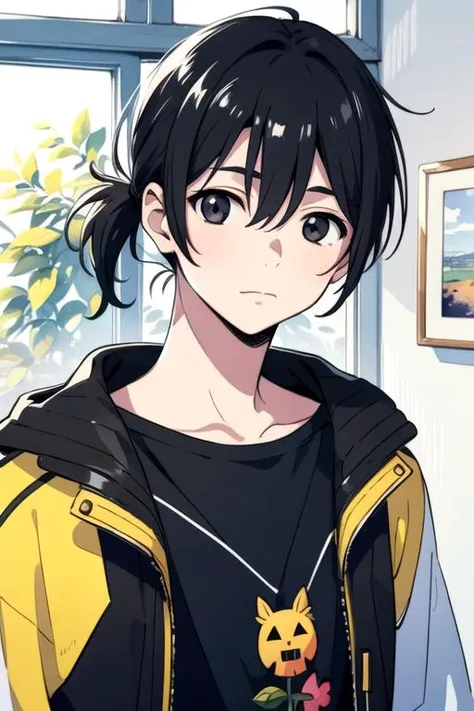 masterpiece, best quality, game cg, 1boy, solo, male focus, looking at viewer, upper body, , (watercolor illustration, soft pastel colors:1.1), , <lora:mio_chibana:0.74>, mio_chibana, black hair, black eyes, low ponytail, scarecrow costume, tank interior,