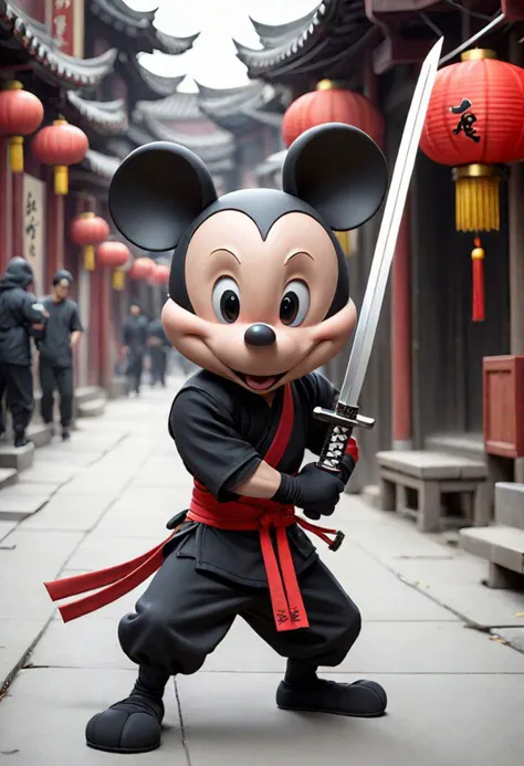 Mickey mouse, ninja style, high quality, sword, China town,