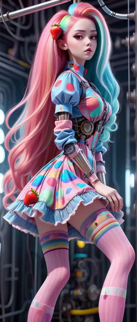 (A beautiful mechanical robot woman with extremely long flowing Holographic Multi-toned hair, wires and gears showing, wearing Strawberry-print dress with matching knee-high socks:1.2), (Hanging upside down:1.3) UHD, 4k, cinematic, (in the style of <lora:S...