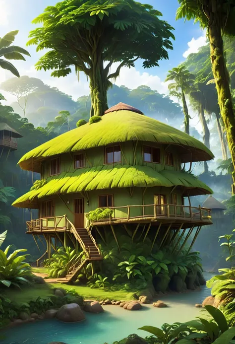 Side view, beautiful landscape view, Rainforest capsule cottages inspired by straws on the middle of rainforest, ,tradisional architecture, daylight, photography view,