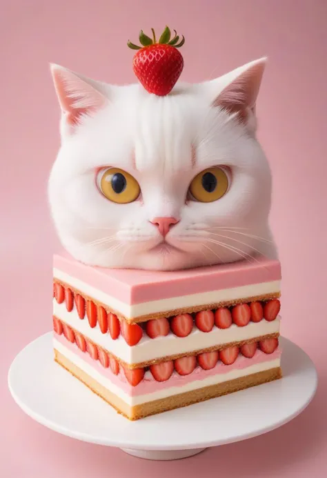 ((cat cake hybrid, sweets, living food, solo, strawberry on top, cream, looking at viewer),  sharp focus, beautiful light, clear, aesthetic, very inspirational, bright color, intricate, appealing, rich deep colors, enhanced, vibrant, inspired, amazing, epi...