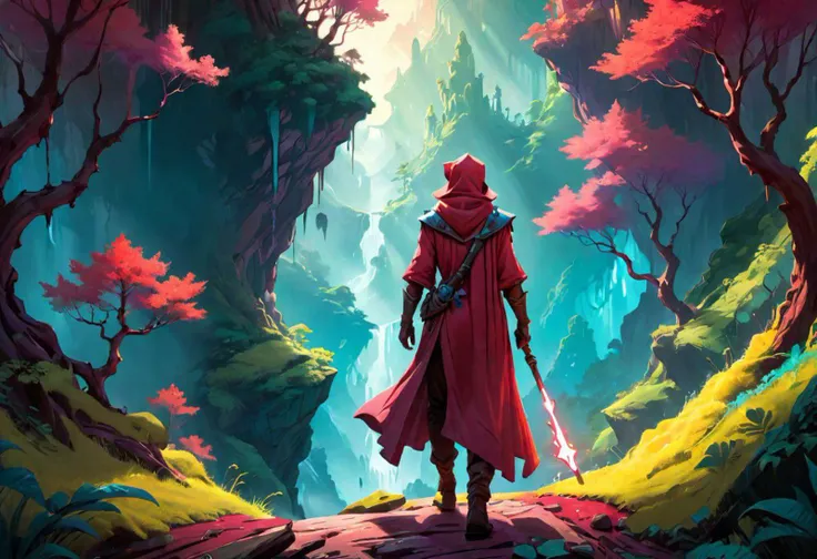 (masterpiece, best quality, absurdres, 4k, aesthetic, detailed, intricate), a man standing in the middle of a forest, concept art, inspired by Cyril Rolando, portrait of a red sorcerer, hyper light drifter color pallet, girl walking in a canyon, retro psyc...