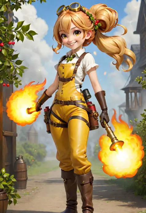 photo of adorable adult girl, ((mistletoe with red berry)) hair ornament, long blonde hair, smiling, gren eyes, steampunk flame thrower weapon, full body, wearing (yellow brown) leather overalls, yellow fire, brass tanks, goggles, glooves, detailed, master...