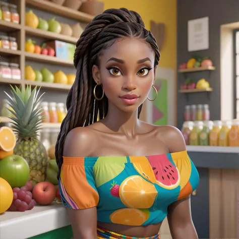 woman, Long dark brown Senegalese twists hairstyle, wearing Off-the-shoulder blouse and pencil skirt, Curious facial expression, A vibrant, contemporary juice bar, filled with a variety of fresh fruits and a bright, colorful design, <clip:skip:2>, masterpi...