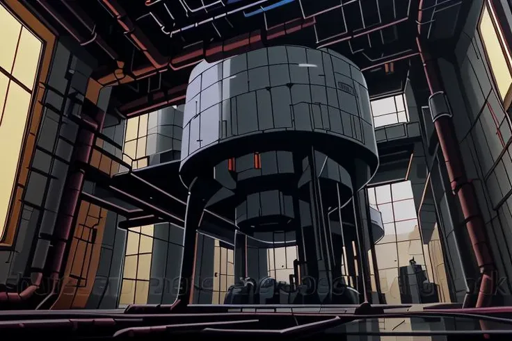 a frame of a animated film of 
a gigantic industrial cryogenic containment facility
, style akirafilm <lora:Akira_Style:1>