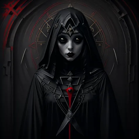 render 3d, c4d, 4k, best quality, masterpiece, hdr, high-resolution, hyperdetailed, cinematic, realistic, dark, dark studio, gothic, black background, Occult art, occultism, dark, mystic, (red and black colors:1.3), skin texture, solo, a vampire girl, prou...