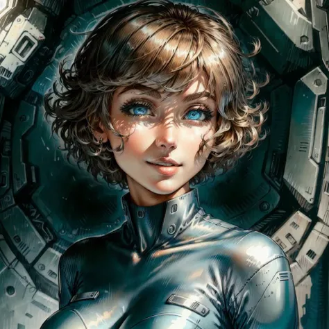 masterpiece, best quality, highly detailed, (1 woman), ((solo)), blond bob haircut, skin-tight leather suit, beautiful face, ((detailed face)), ((detailed eyes)), smile, looking at viewer, (inside scifi shuttle), detailed background, rough sketch, ((colors...