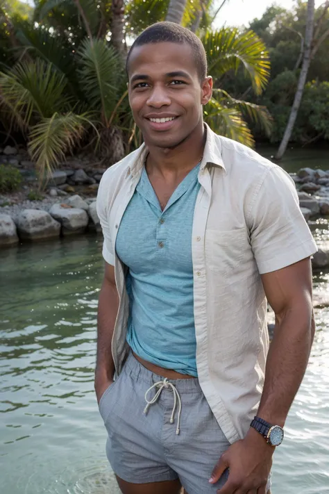 (solo), RAW Photo, photo of (light brown skin:1) African American man sc_chad3 <lora:sc_chad3-06:0.75> enjoying himself on a pristine Caribbean coast wearing an island-inspired linen shirt and blue shorts, beaded bracelet, golden hour, warm, soft flow, shi...