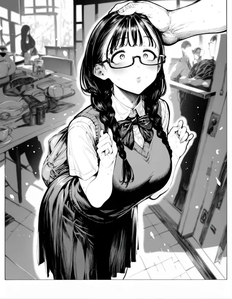 anime girl with glasses and a backpack in a bakery