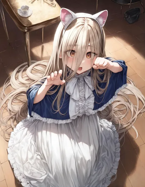 anime girl with long hair and a cat ears sitting on a floor