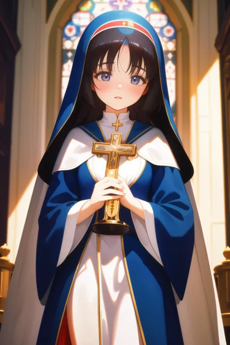 1girl, catholic icon of a Mysterious Puppy Dog, United Kingdom in background, Suffering, Medieval art, Depth of field 270mm, Cinestill, award winning, (digital art designed by Lois van Baarle:0.8)