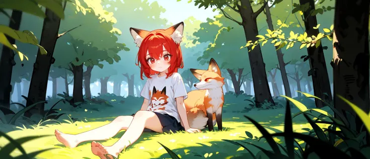 1girl fox-girl red-hair red-eyes white-t-shirt young-girl sitting-on-grass-in-forest-and-looking-to-a-((small-fox))-(animal)