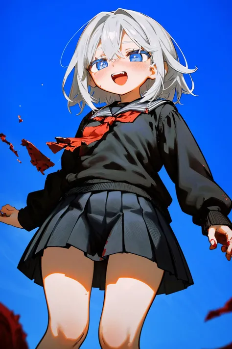 1girl, blood on hands, pleated skirt, blue background, simple background, open mouth, blood on clothes, sweater, blood on face, teeth, medium hair, smile, school uniform, from below, blue eyes, black skirt, long sleeves, grey hair, miniskirt, <lora:kikente...