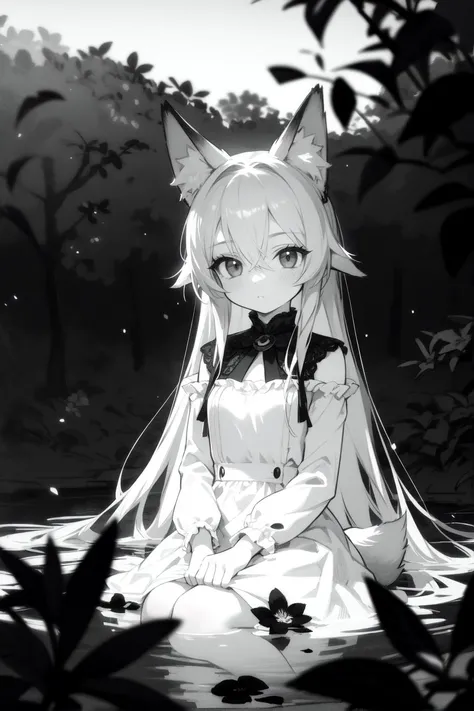 1girl 2d outlines (monochrome:0.9) color-splash-(Charcoal:1.2) long-hair eyes flowers fox-ears (masterpiece:1.1) (highest-quality:1.1) ( HDR :1.0)