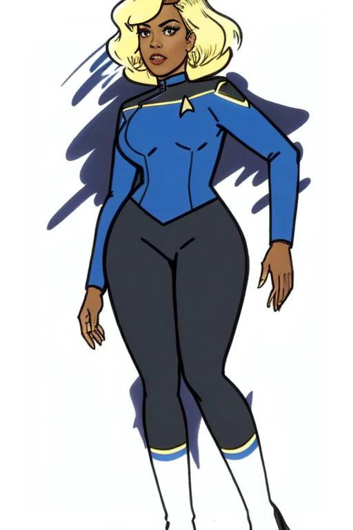 Black woman wearing blue sttldunf uniform,<lora:STTLDV1:0.8>,drawing by Jack Kirby,