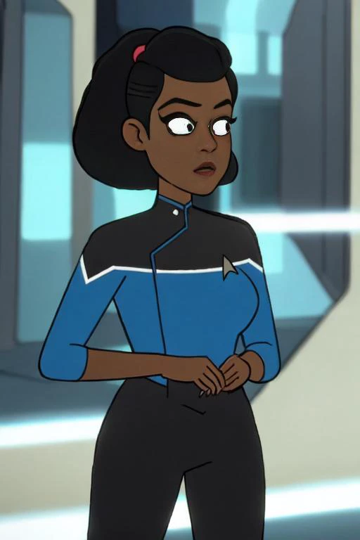 Black woman wearing blue sttldunf uniform,<lora:STTLDV1:0.8>,cartoon,