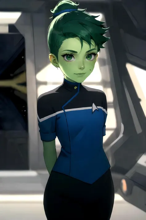 a cartoon picture of a woman in a blue and black uniform