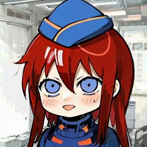 anime girl with red hair and blue eyes wearing a blue hat