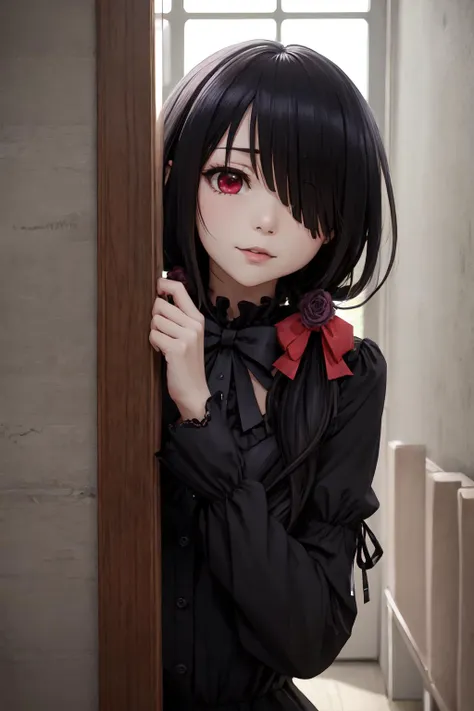 a close up of a person standing near a door with a black hair