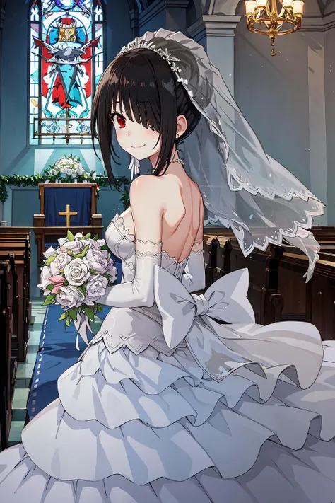 High Quality, Masterpiece, KurumiWedding, hair over one eye, bridal veil, wedding dress, elbow gloves, <lora:Char_DateALife_TokisakiKurumi:1>, from behind, church, wide shot, smirk, looking back, looking at viewer,