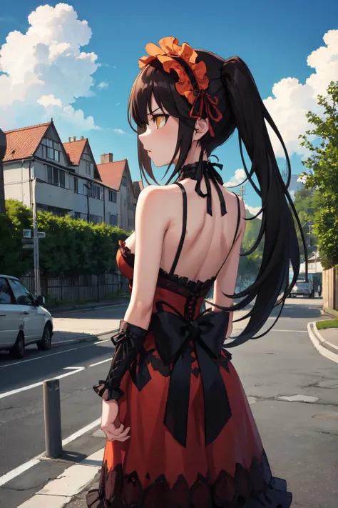 masterpiece, (detailed, highres, best quality), 1girl,  <lora:TokisakiKurumi:1> KurumiBase, (clock eyes), heterochromia, twintails, hairband, red dress, frills, detached sleeves, frilled choker, bench, blue sky, bus stop, cloud, cup, day, fence, horizon, h...