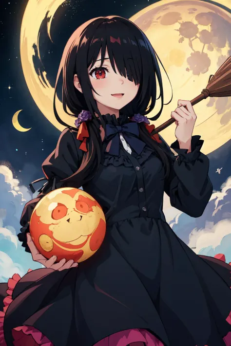 masterpiece, (detailed, highres, best quality), 1girl, <lora:TokisakiKurumi:1> KurumiBlack, hair over one eye, low twintails, hair bow, black dress, blue flower, broom, crescent moon, flower, moon, orb, space, happiness