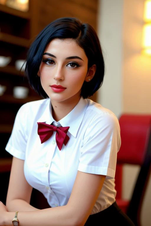 A photo of a young, nerdy ((woman with short hair, black hair)), sitting in a cafe, lucyp:0.99, wearing a white collared shirt and a red bowtie, surrounded by a cozy atmosphere, looking at the viewer. short hair, slender, red lips, transparent fabric, flir...