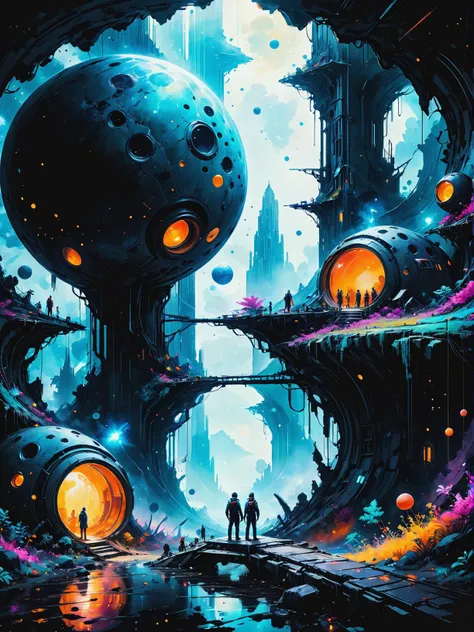 a painting of a futuristic city with a giant ball in the middle