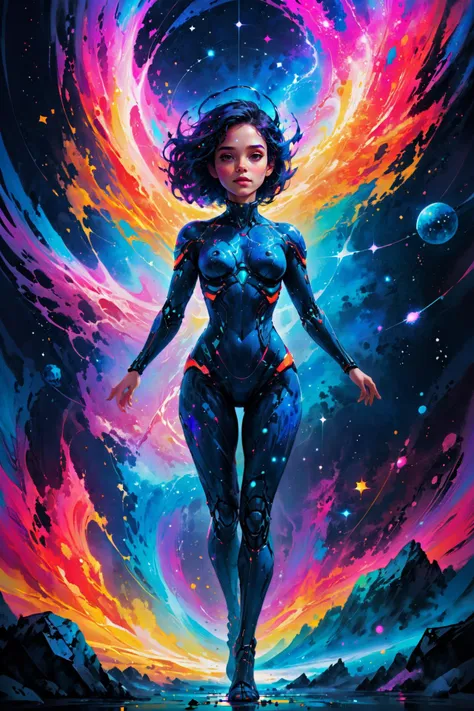 a woman in a futuristic suit standing in front of a colorful vortex