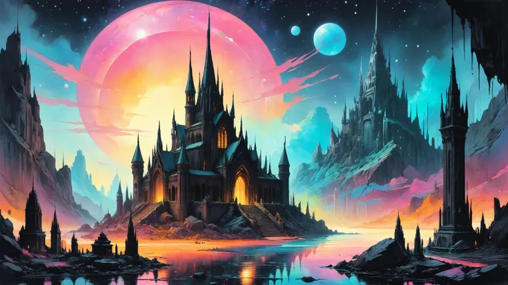 The ruins of an alien civilization, Floating spires crowned with glowing crystals in the background,, neon pastel, ink art, line art, colorsplash, sharp focus intricate, rainbowshift, by mc escher, by moebius, edward hopper, dan mumford, artgerm, liam braz...